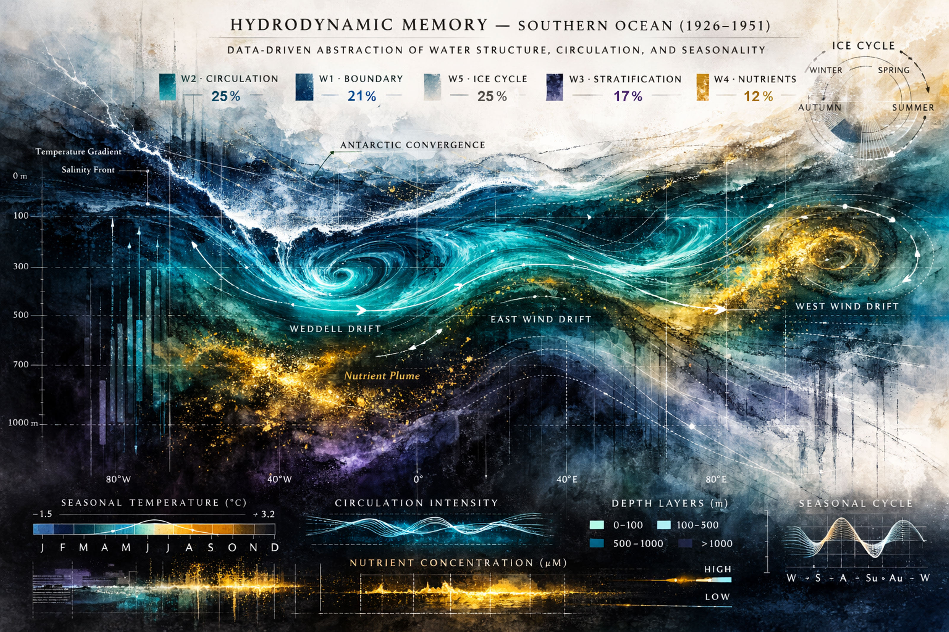 Swirling patterns of turquoise, blue, and golden hues, symbolising water circulations and nutrient plumes. At the top, text indicates key elements: circulation (25%), boundary (21%), ice cycle (25%), stratification (17%), and nutrients (12%). The central area displays dynamic currents labelled "Weddell Drift," "East Wind Drift," and "West Wind Drift". There's a circular formation characterized by vibrant blues and aqua tones, contrasting with yellowish nutrient plumes. On the left, vertical bars. The bottom section includes graphs depicting seasonal temperature, circulation intensity, and nutrient concentration. The right corner features a circular diagram highlighting the seasonal cycle with notations of winter, spring, autumn, summer.